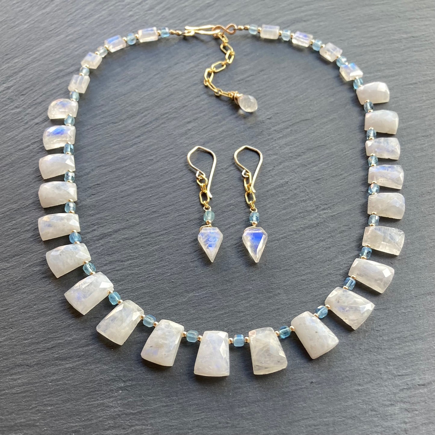 Rainbow Moonstone, Santa Maria Aquamarine & Gold Necklace
