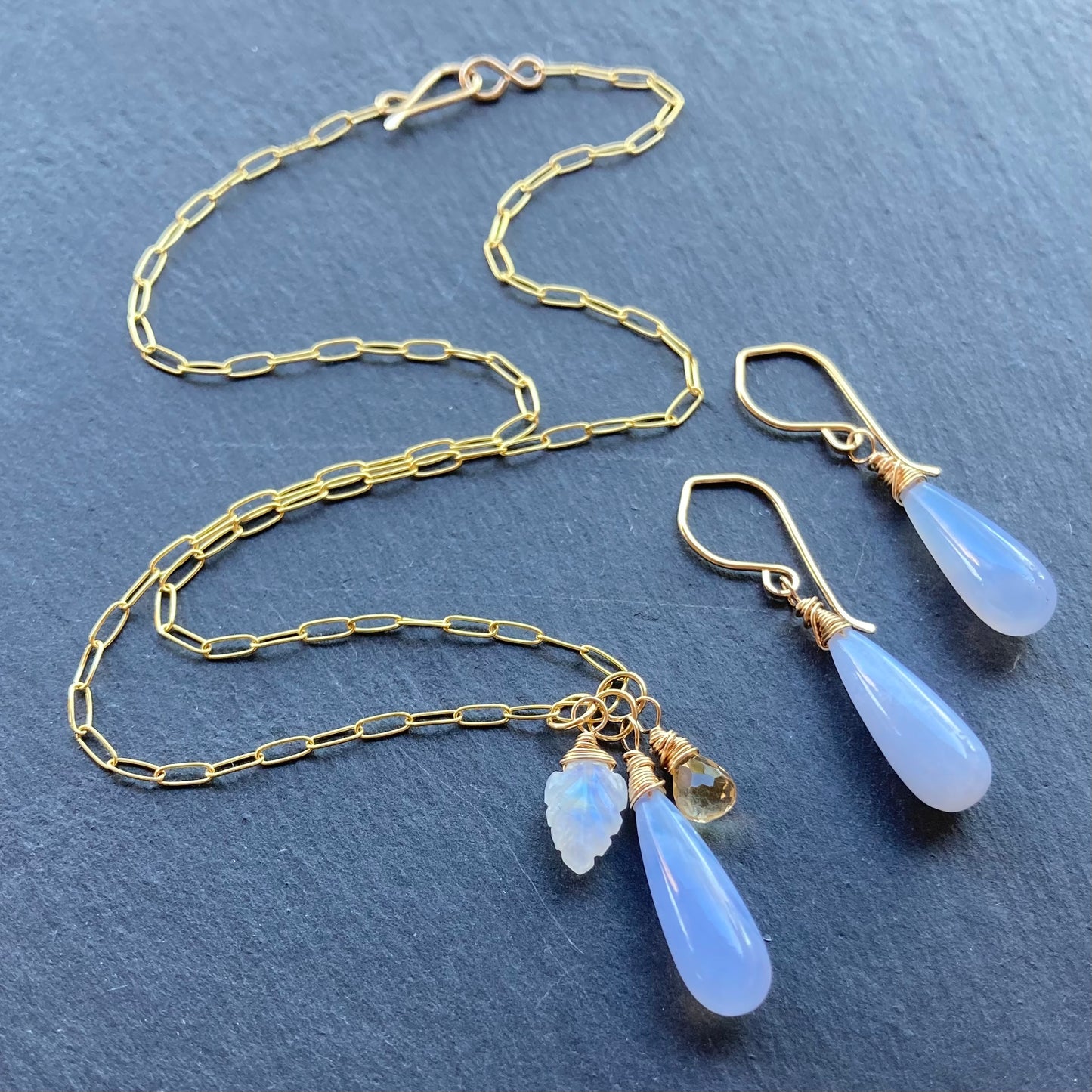 Blue Lace Agate & Gold Long Drop Earrings