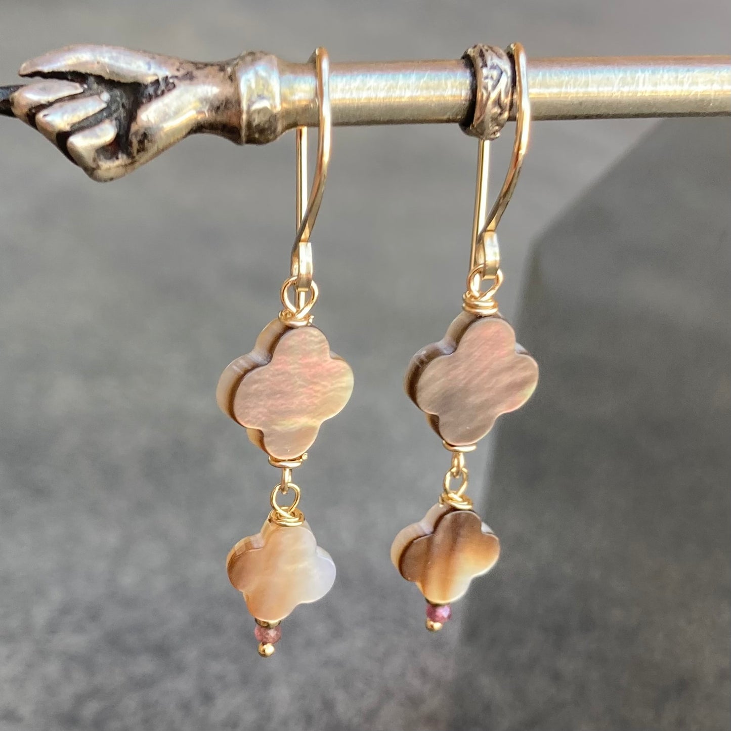Black Mother of Pearl, Ruby & Gold Clover Earrings
