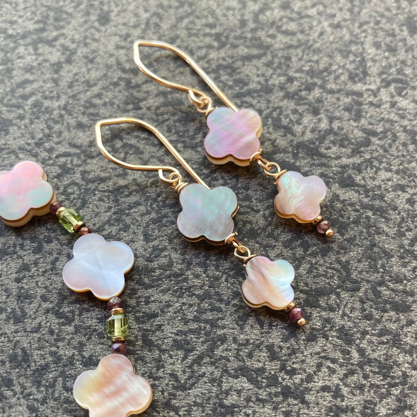 Black Mother of Pearl, Ruby & Gold Clover Earrings