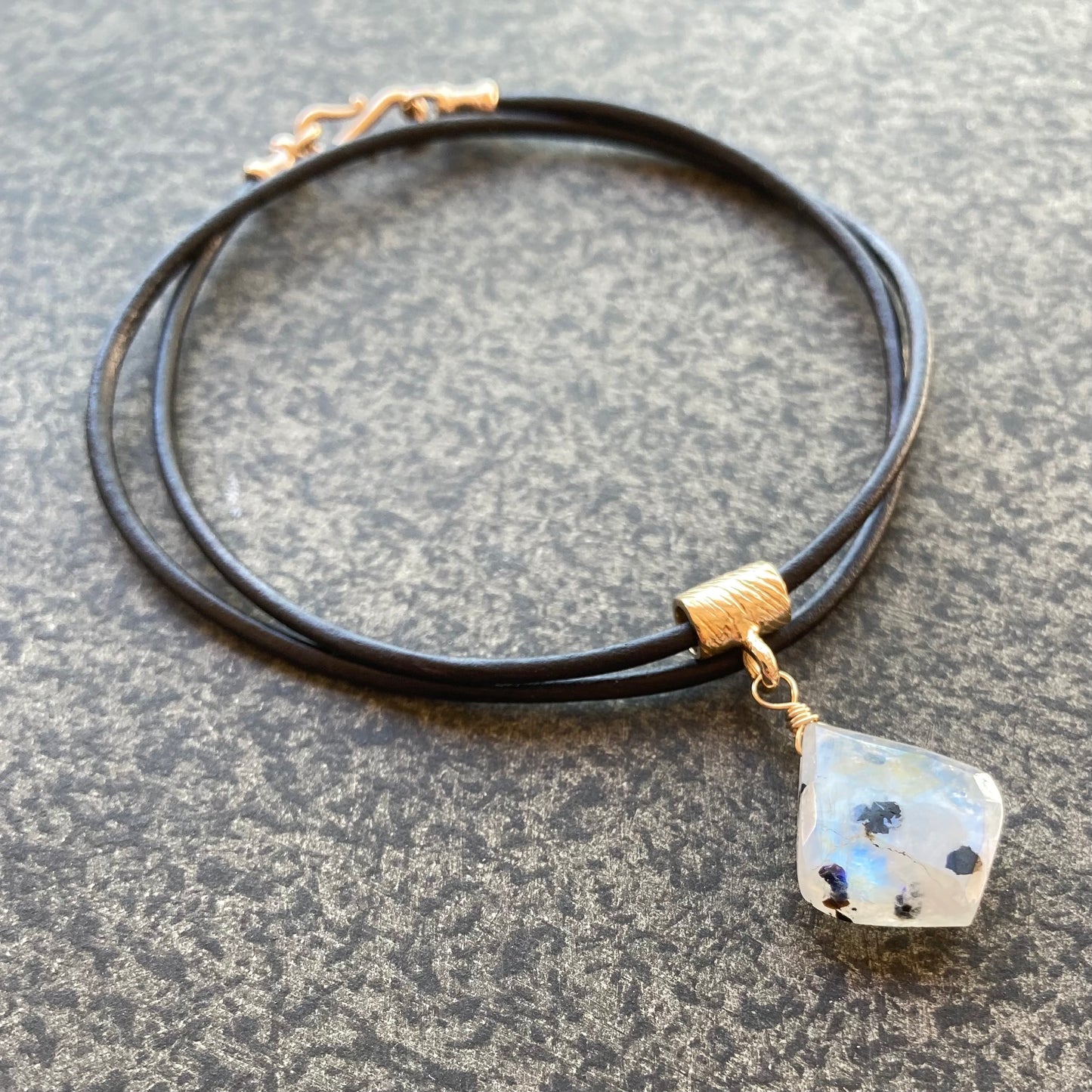 Tourmalinated Rainbow Moonstone & Bronze Leather Choker