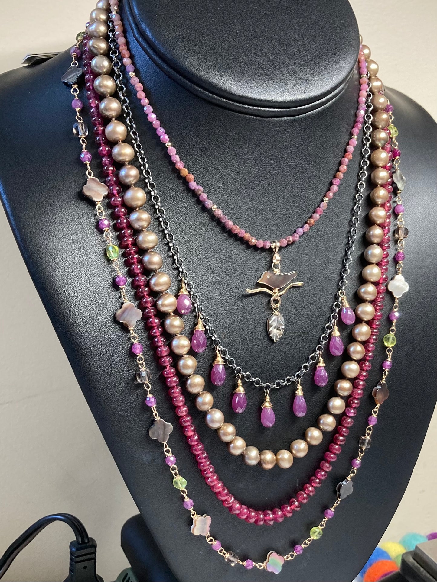 Black Mother of Pearl, Natural Ruby & Gold Autumn Branches Choker
