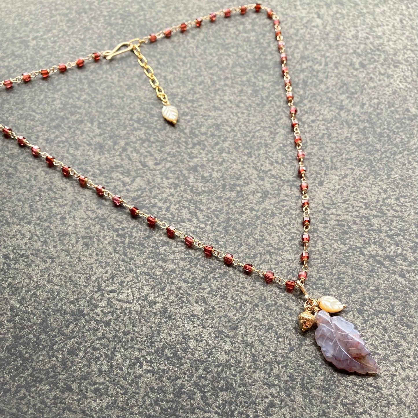 Malaya Garnet, Gold & Indian Agate Autumn Leaf Pendant Necklace