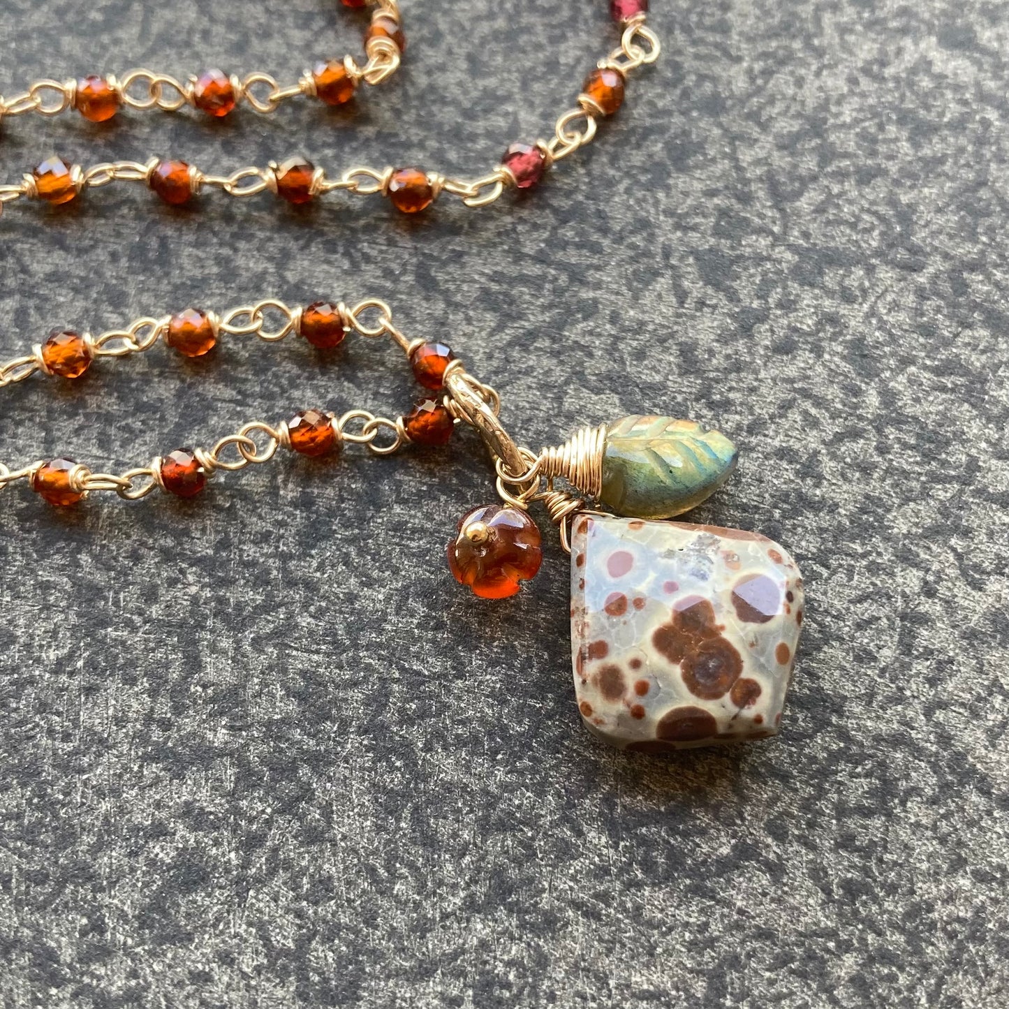 Hessonite Garnet & Gold Asteroid Jasper Pendant Garden Charm Necklace
