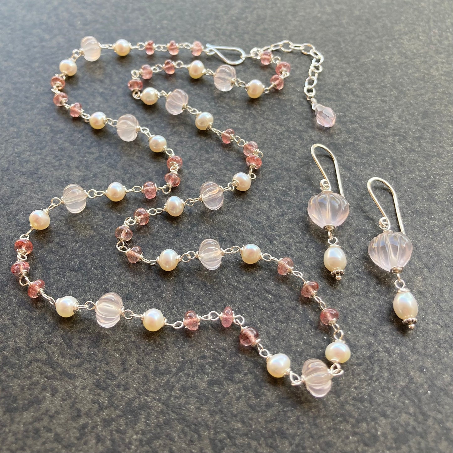 Rose Quartz, Strawberry Quartz, Vintage Freshwater Pearl & Sterling Silver Necklace
