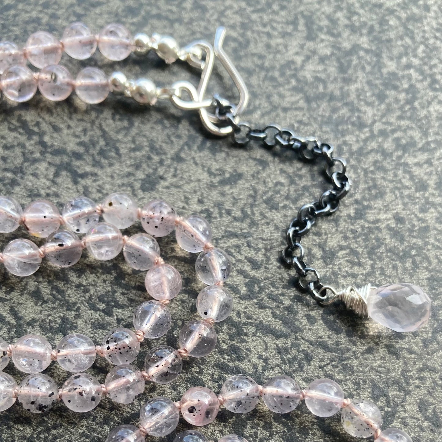 Hematite in Rose Quartz Hand Knotted Blush Silk Necklace