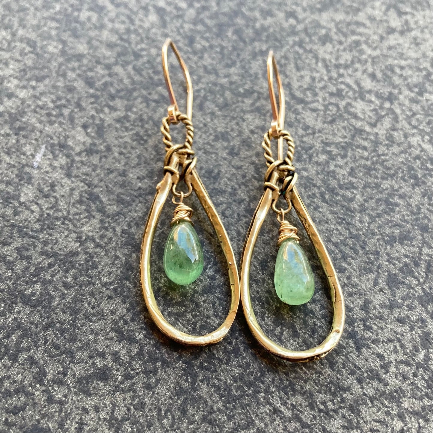 Green Kyanite, Gold & Bronze Teardrop Hoops