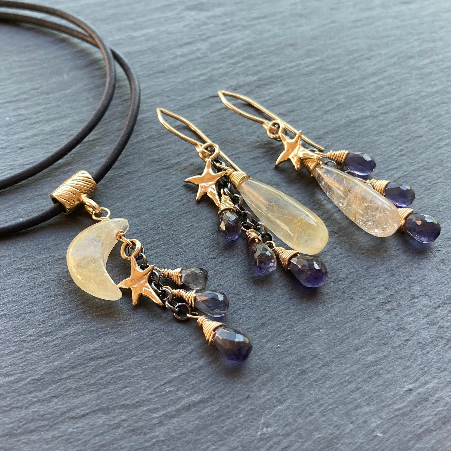 Golden Rutilated Quartz, Iolite & Mixed Metal Autumn Sky Cascade Earrings