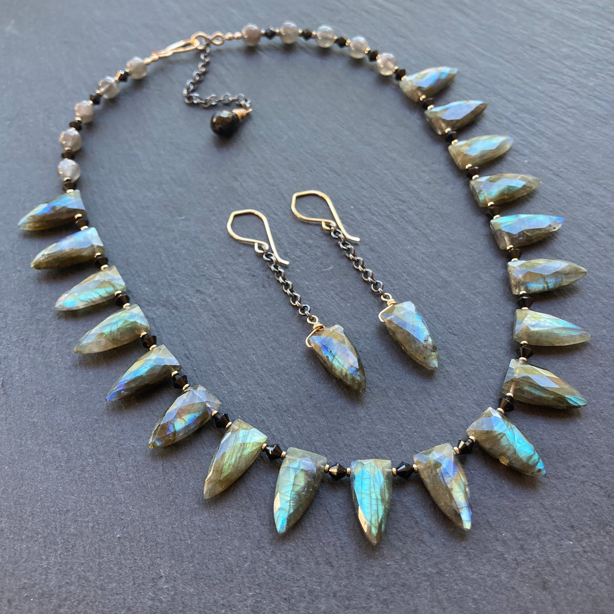 Labradorite & Mixed Metal Long Drop Earrings