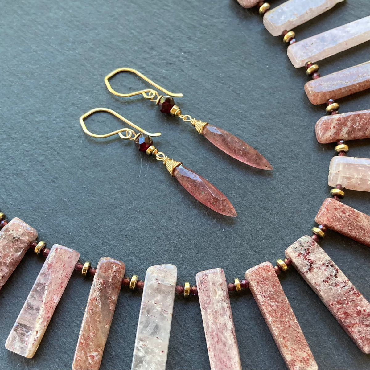 Strawberry Quartz, Rhodolite Garnet & Gold Earrings