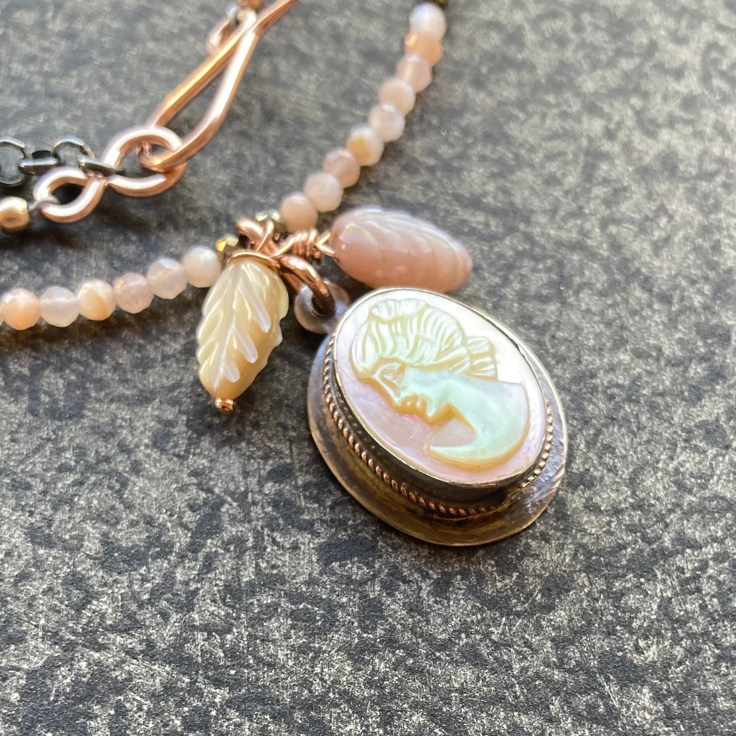 Peach Moonstone & Vintage Mother of Pearl Cameo Pendant Necklace