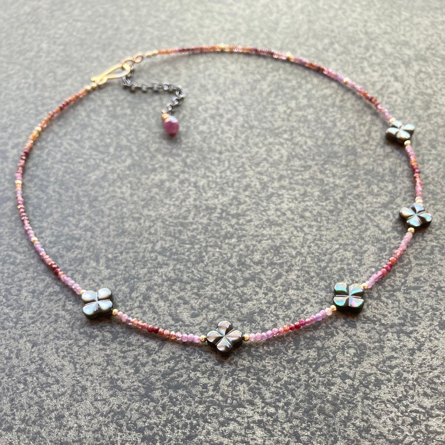 Black Mother of Pearl, Natural Ruby & Mixed Metal Clover Choker
