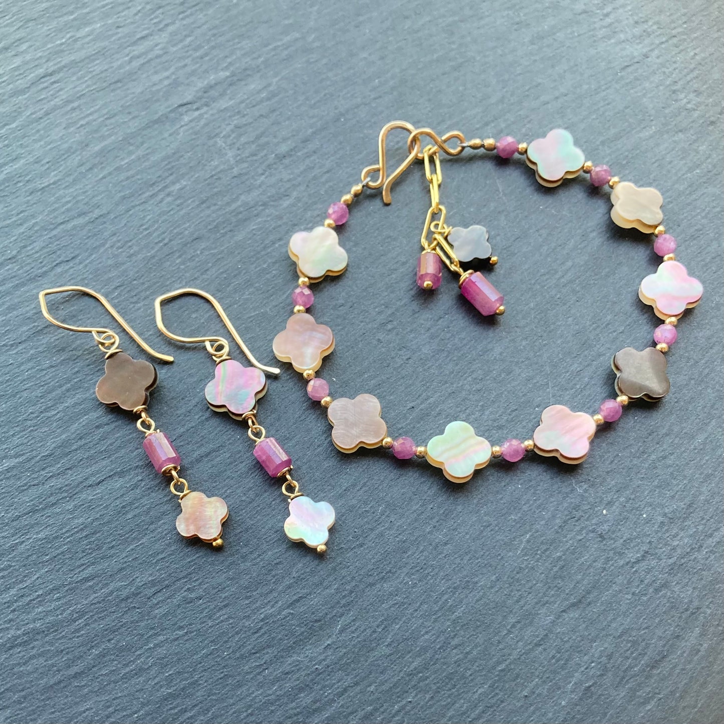 Black Mother of Pearl, Ruby & Gold Bracelet