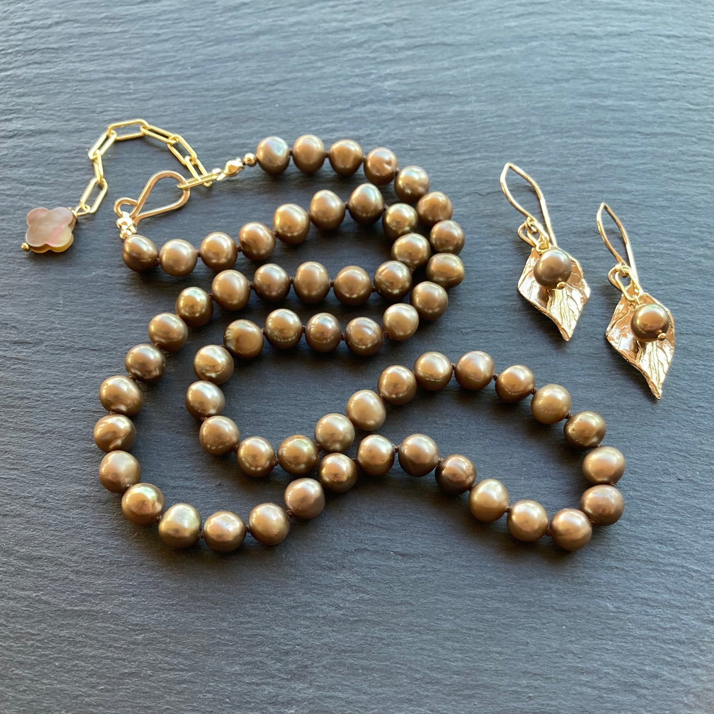 Mocha Freshwater Pearl, Gold & Bronze Leaf Earrings