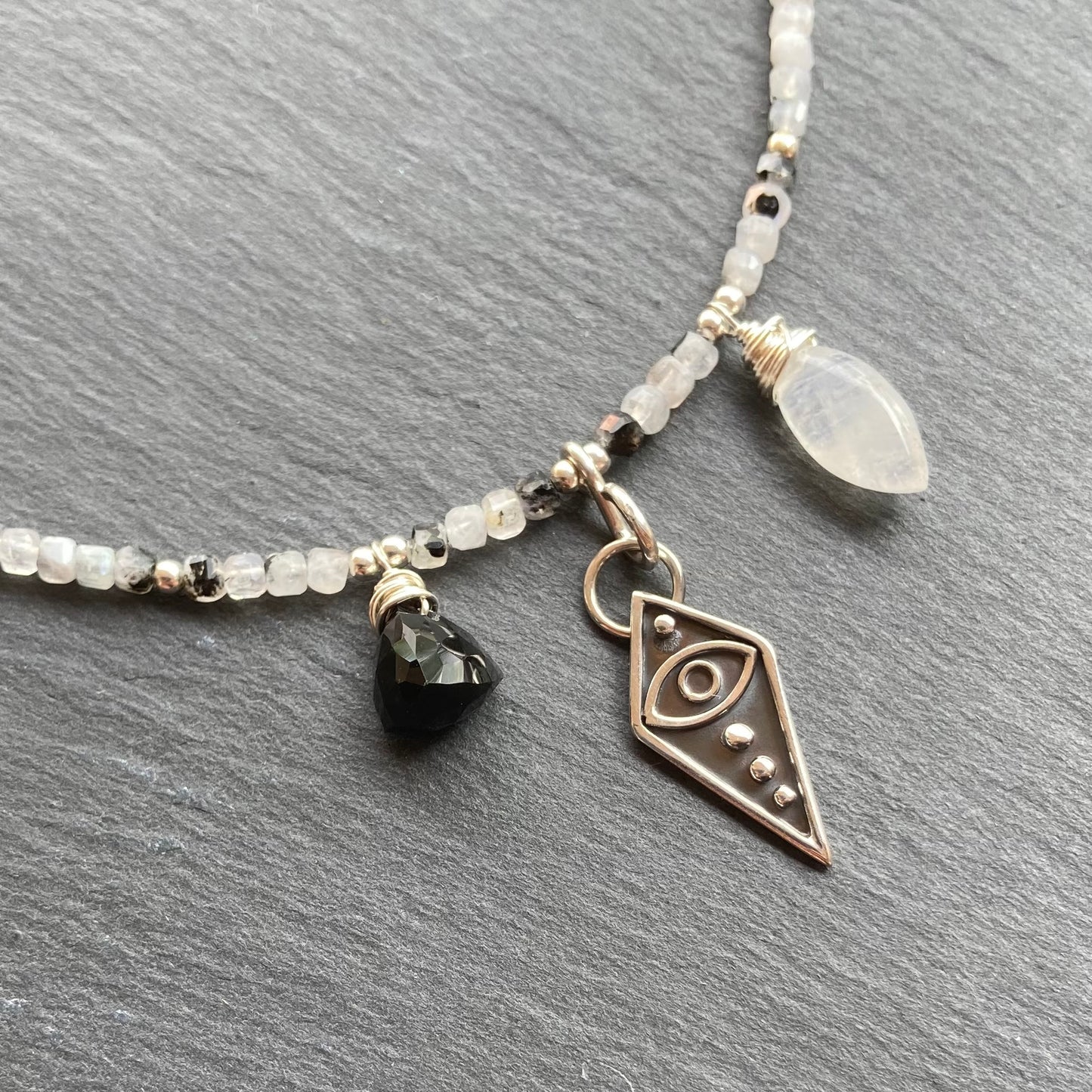 Tourmalinated Rainbow Moonstone & Sterling Silver All Seeing Eye Pendant Choker
