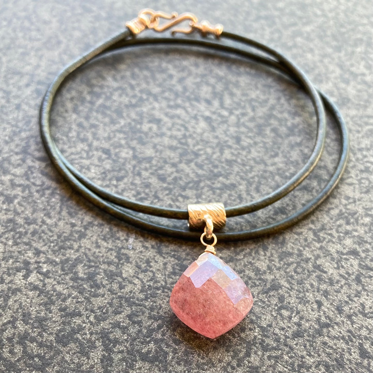 Strawberry Quartz & Bronze Leather Choker
