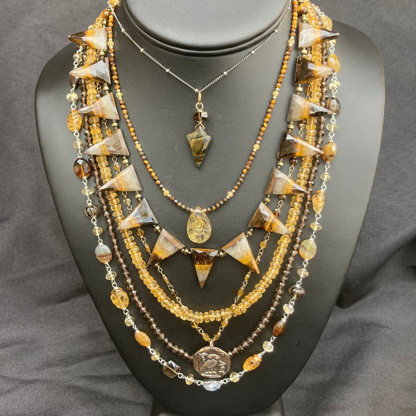 Tiger Eye, Golden Rutilated Quartz & Carved Citrine Pendant Choker