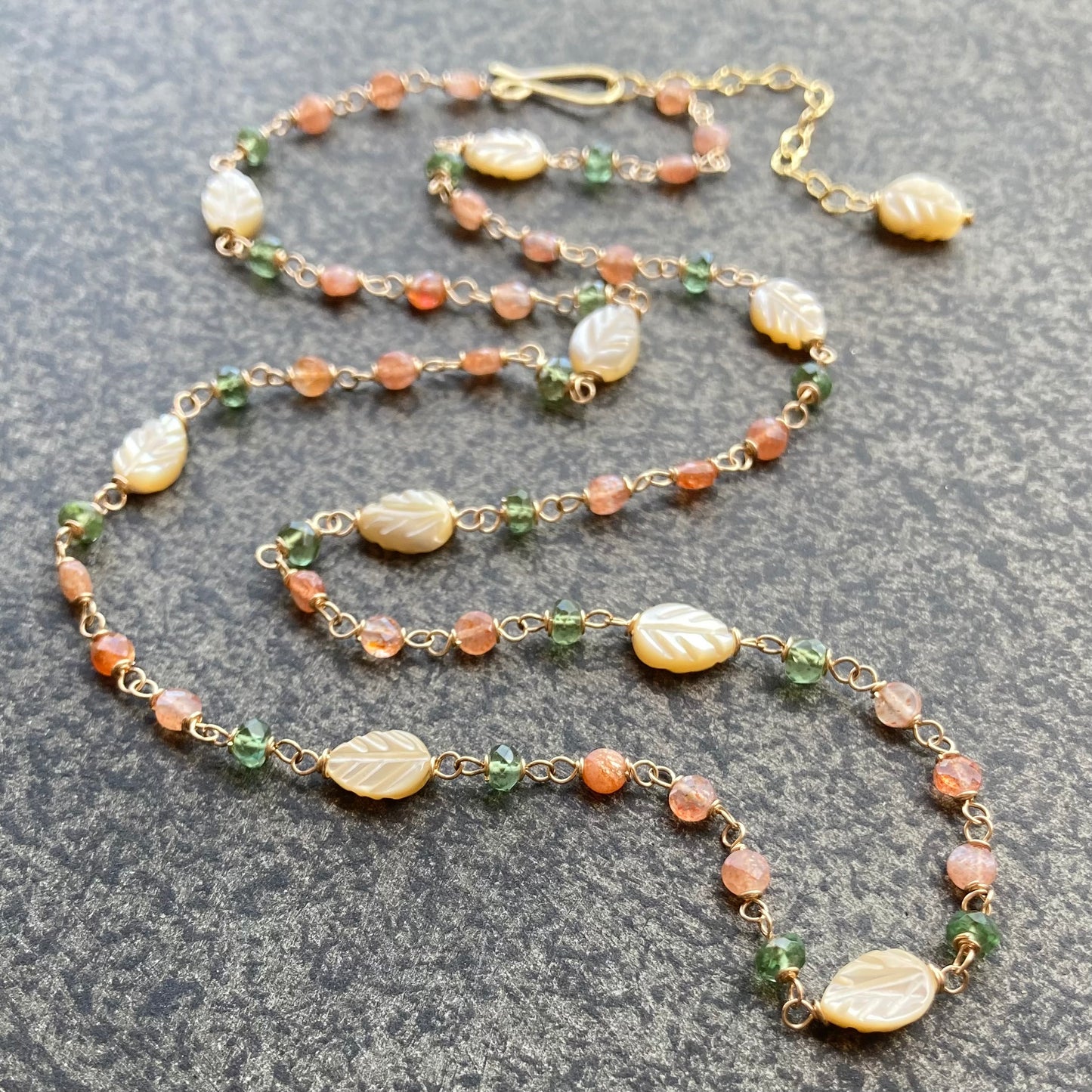 Oregon Sunstone, Green Apatite, Mother of Pearl & Gold Necklace