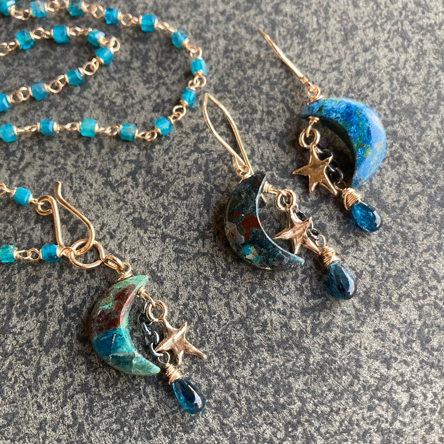 Chrysocolla, Neon Blue Kyanite & Mixed Metal Starry Night Cascade Earrings