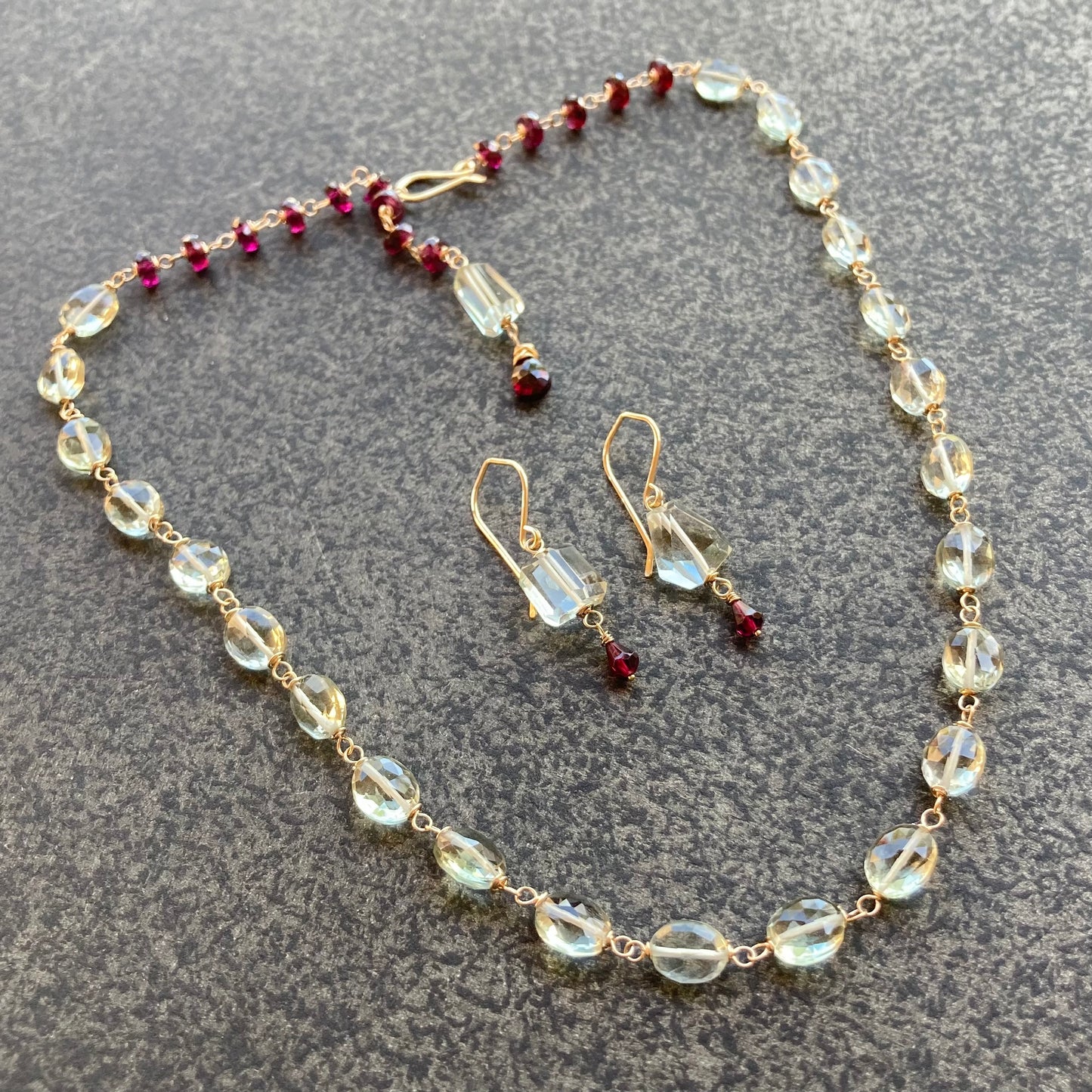 Prasiolite, Rhodolite & Gold Earrings