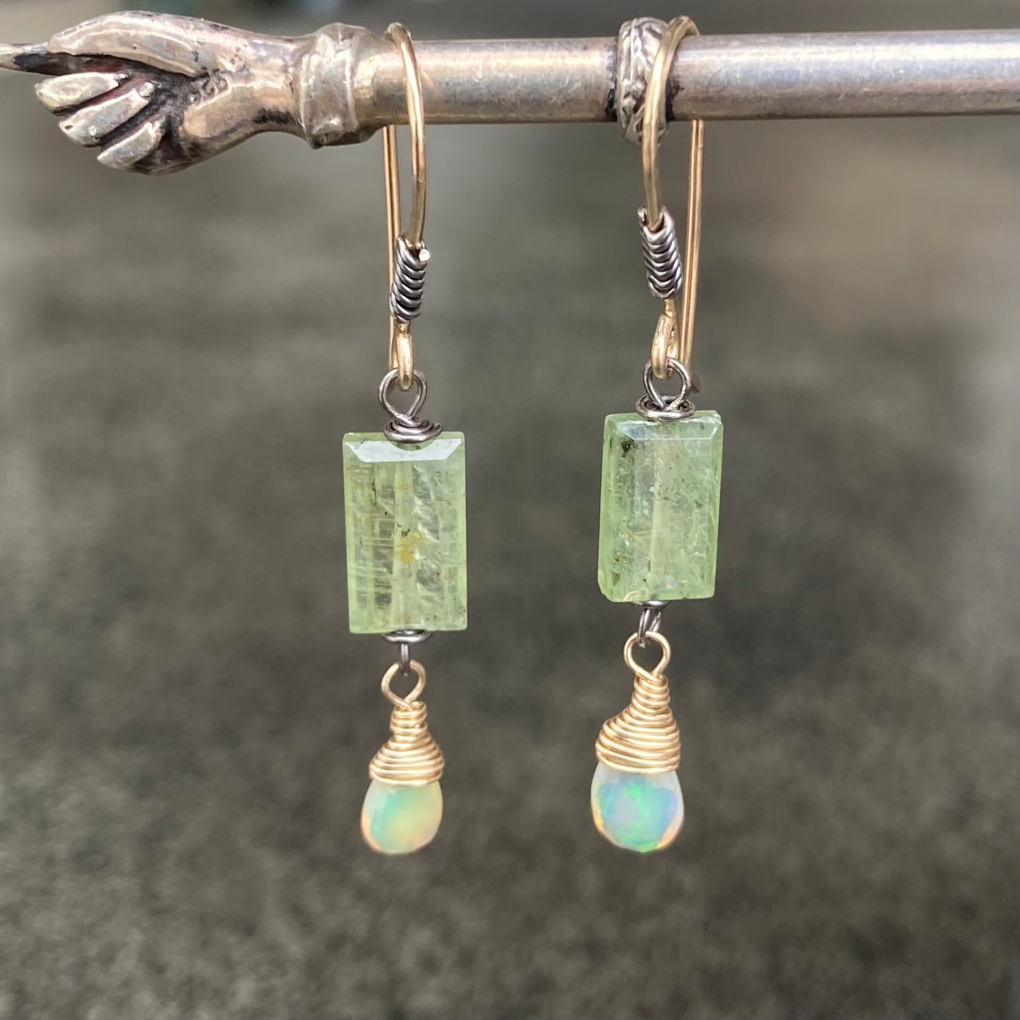 Ethiopian Opal, Green Kyanite & Mixed Metal Earrings