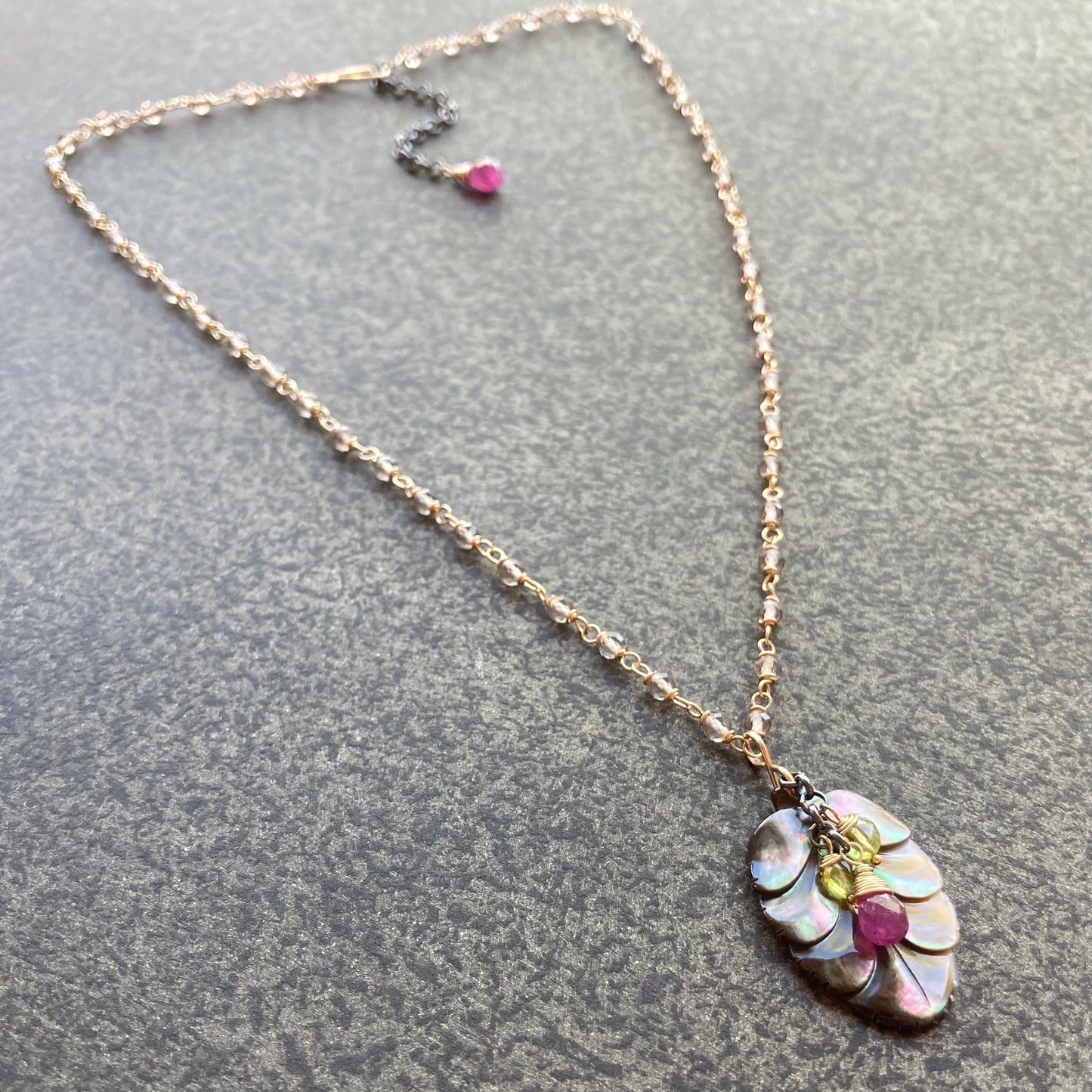 Black Mother of Pearl, Ice Obsidian & Mixed Metal Leaf Pendant Necklace