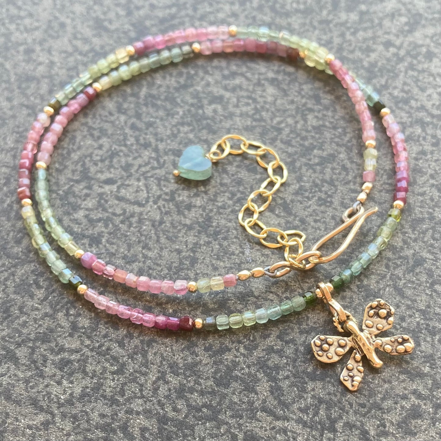 Multicolor Tourmaline, 14k Gold & Bronze Butterfly Necklace