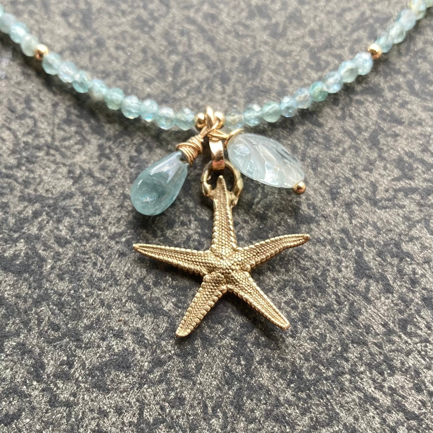 Aqua Apatite, Gold & Bronze Sea Star Charm Necklace