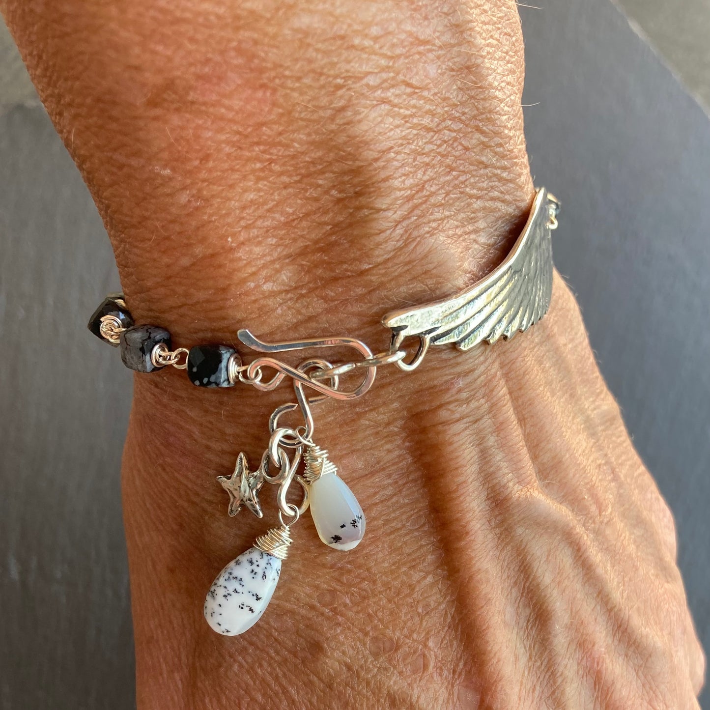 Snowflake Obsidian, Dendritic Opal & Sterling Silver Winged Goddess Bracelet