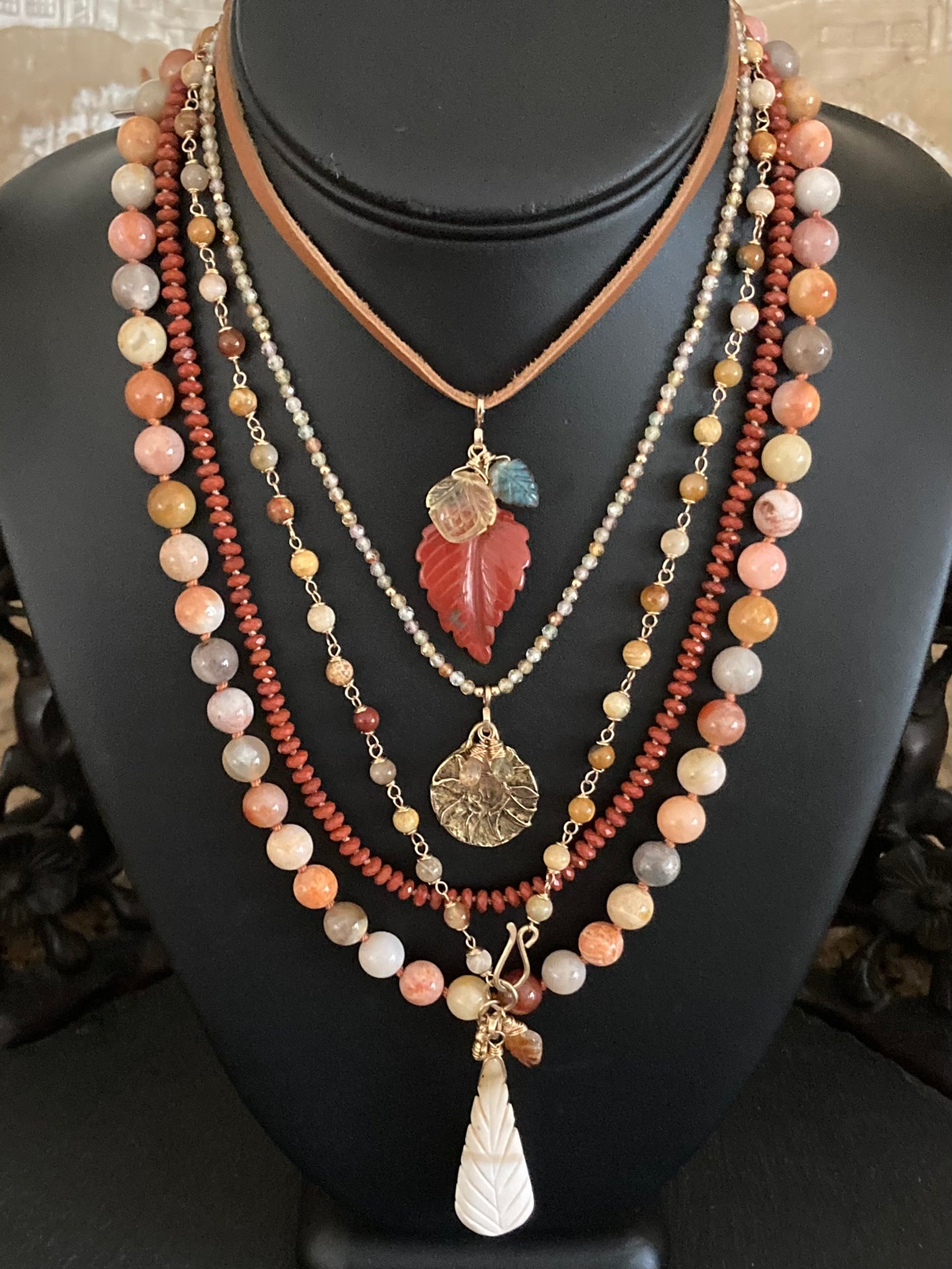 Red Jasper Autumn Leaf Deertan Leather Choker
