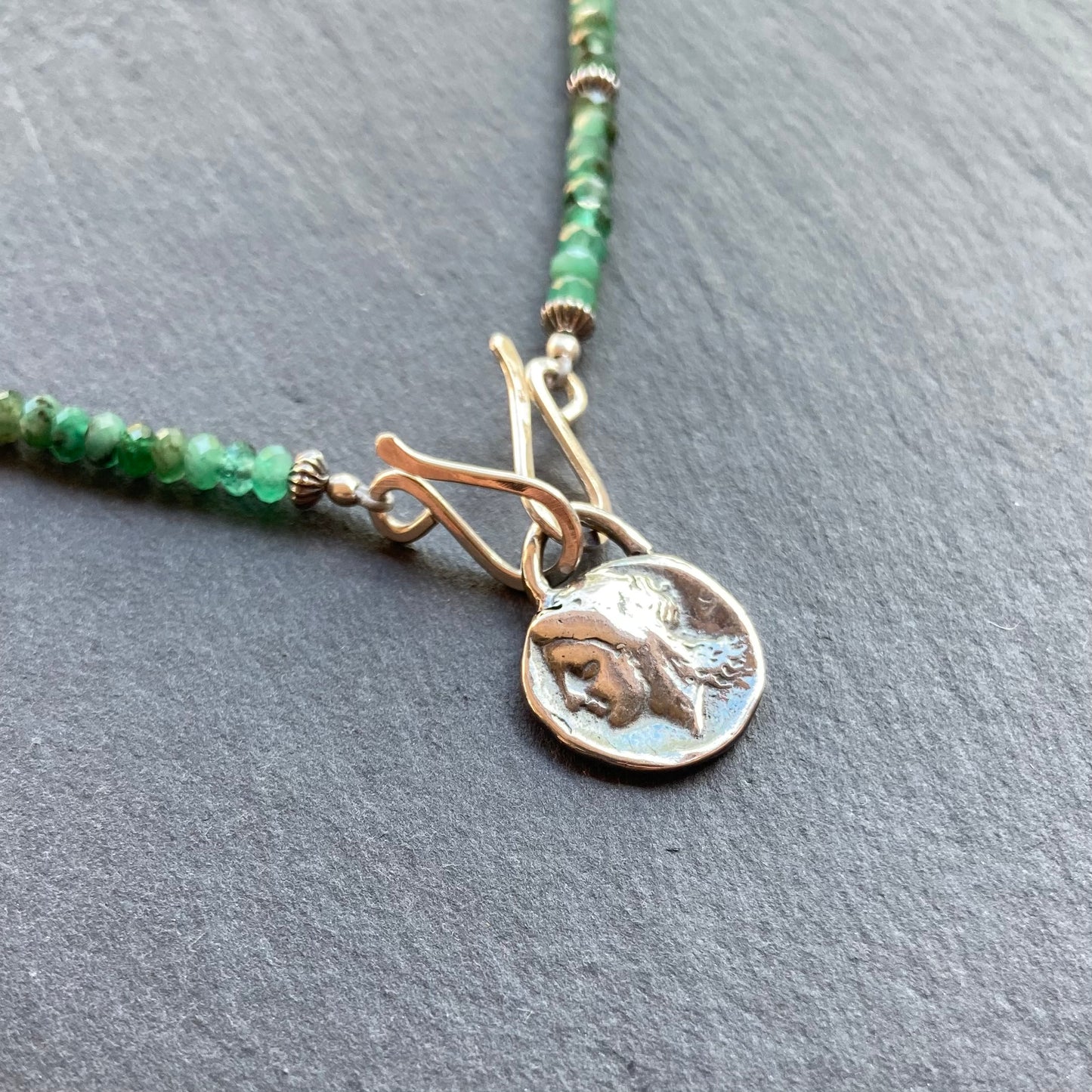 Natural Emerald & Sterling Silver Pegasus & Athena Coin Convertible Necklace
