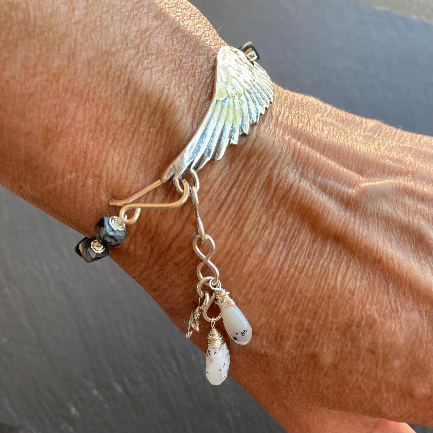 Snowflake Obsidian, Dendritic Opal & Sterling Silver Winged Goddess Bracelet