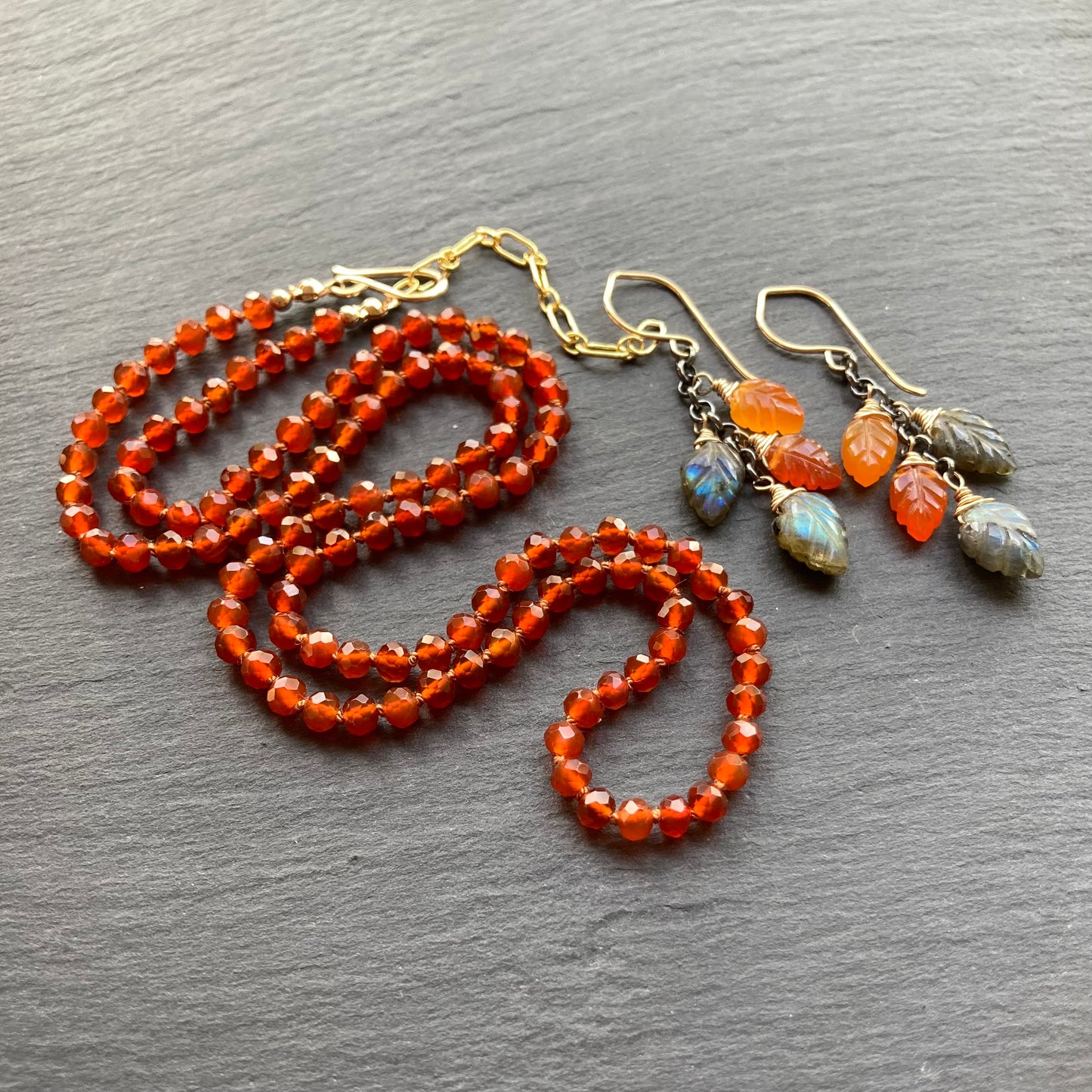 Labradorite, Carnelian & Mixed Metal Cascade Earrings