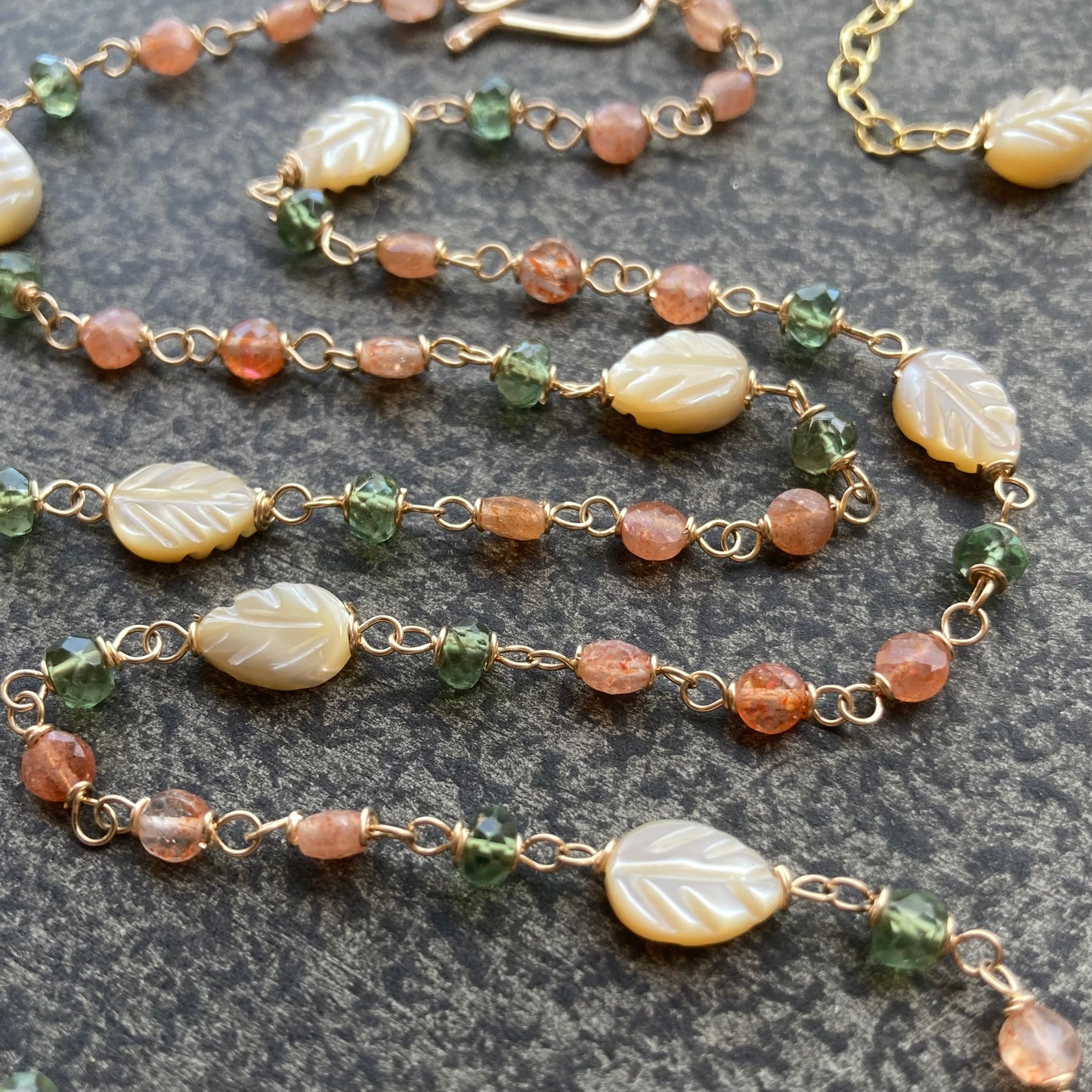 Oregon Sunstone, Green Apatite, Mother of Pearl & Gold Necklace