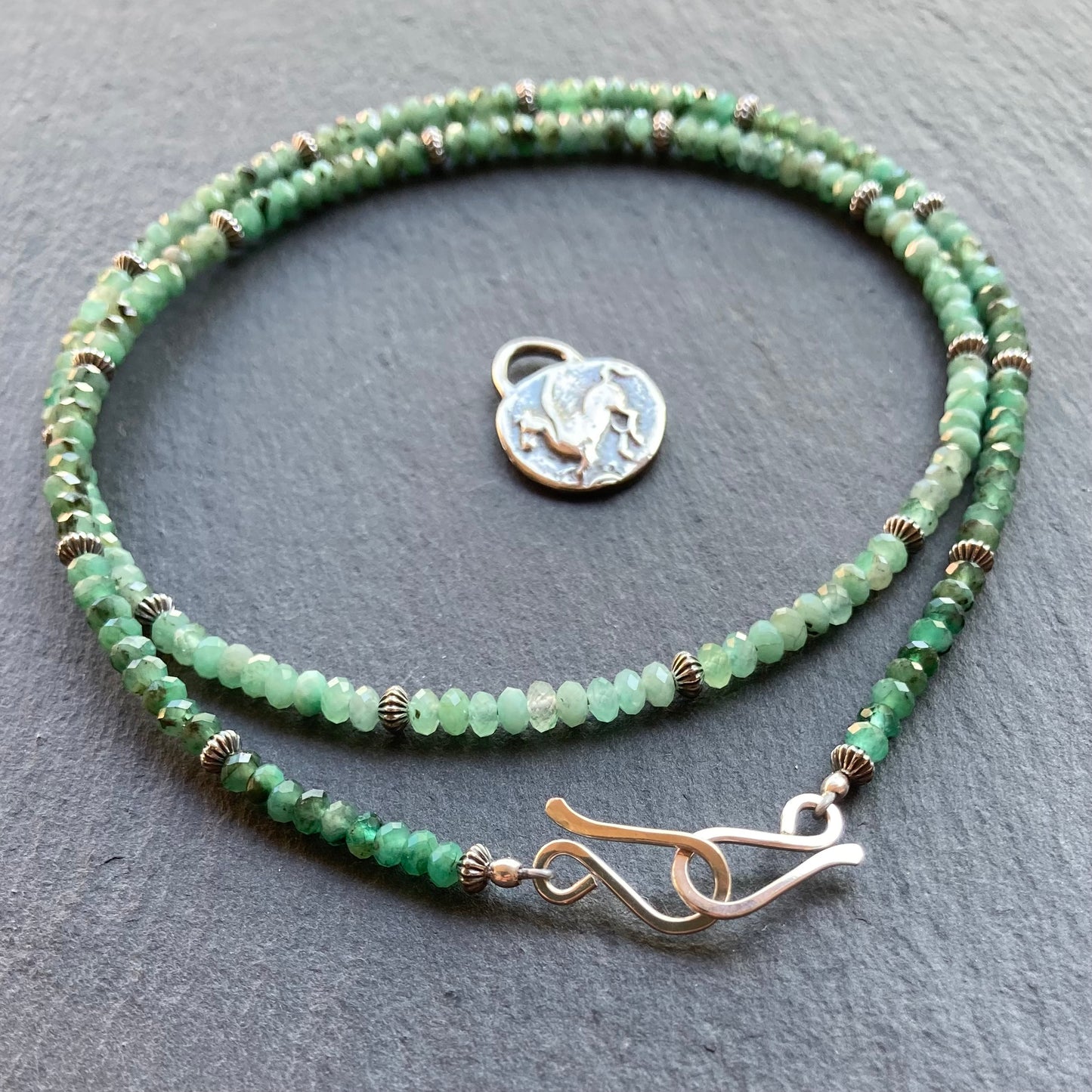 Natural Emerald & Sterling Silver Pegasus & Athena Coin Convertible Necklace