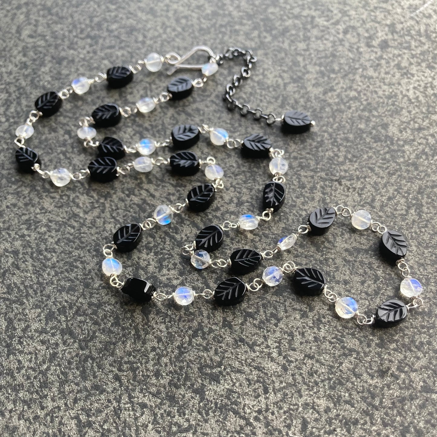 Rainbow Moonstone, Sterling Silver & Black Onyx Leaf Necklace