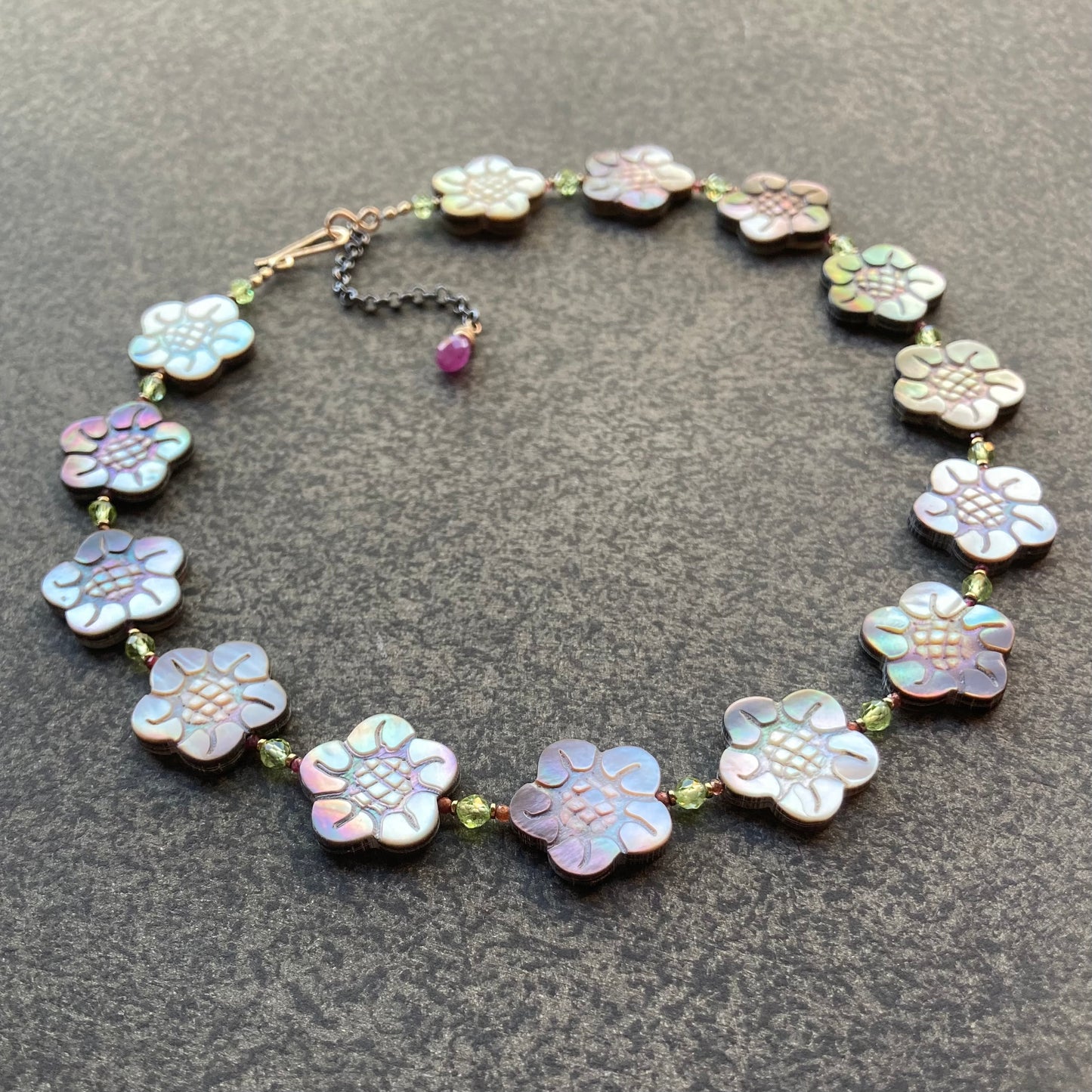 Black Mother of Pearl, Peridot, Ruby & Mixed Metal Cherry Blossom Collar