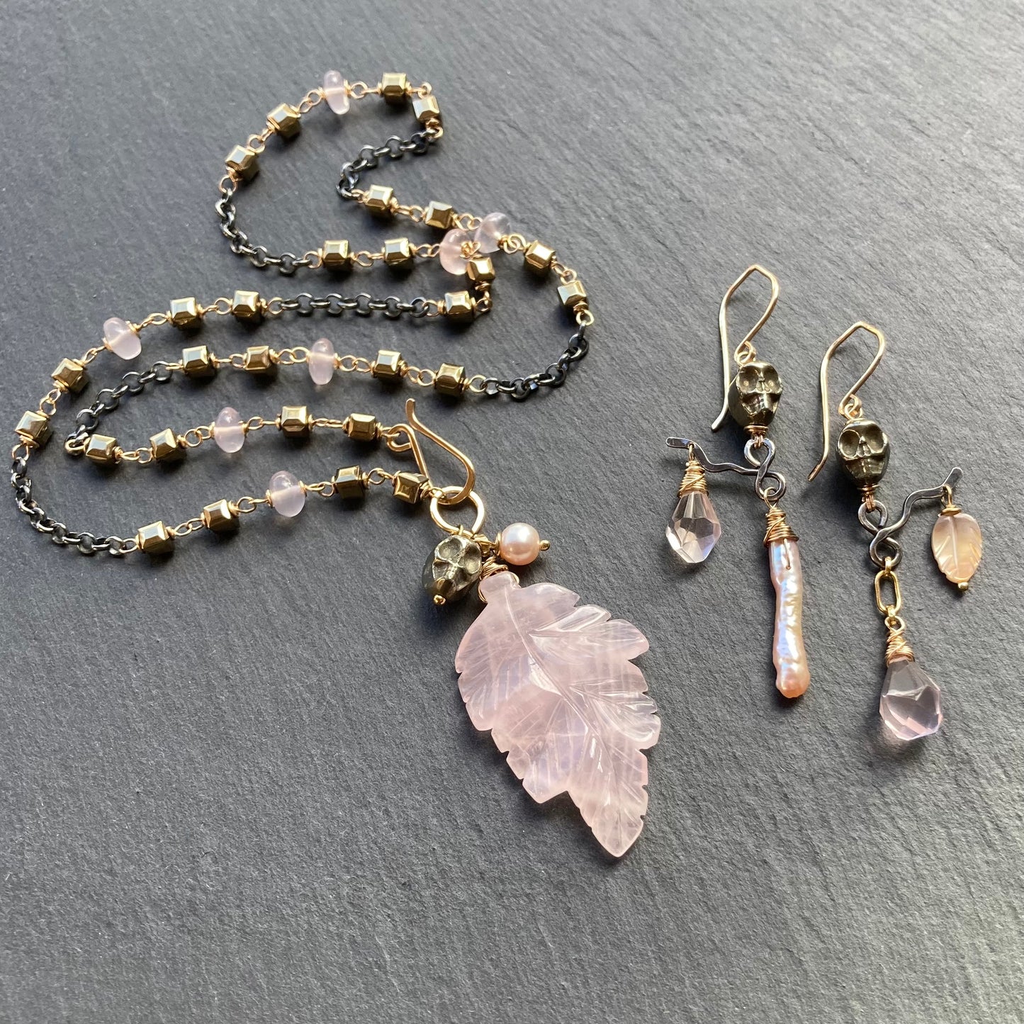 Rose Quartz, Pearl & Pyrite Calavera Talisman Earrings