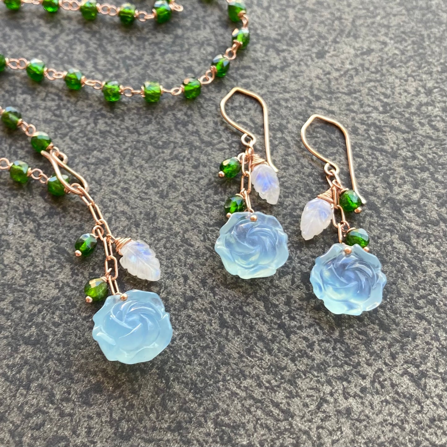 Aquamarine, Chrome Diopside, Rainbow Moonstone & Rose Gold Cascade Earrings