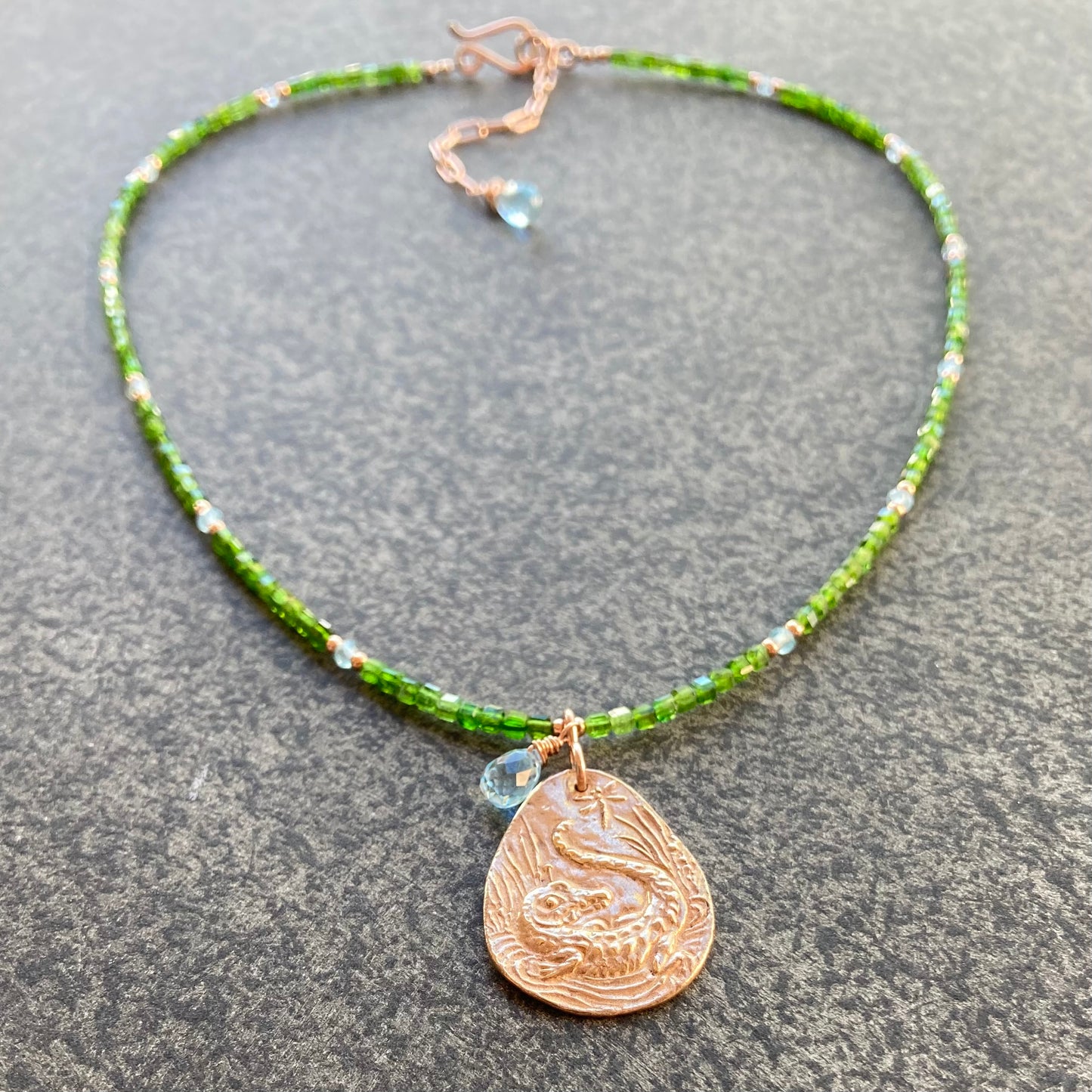 Chrome Diopside, Swiss Blue Topaz, Rose Gold & Bronze Everglades Pendant Choker