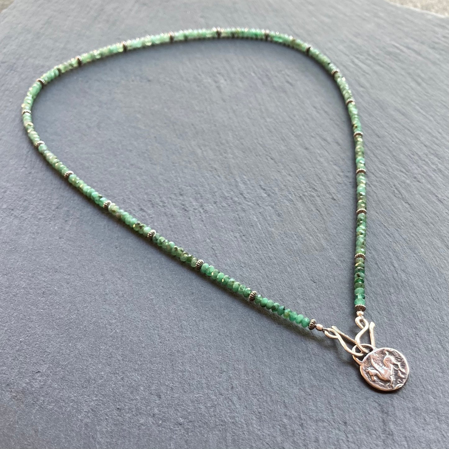 Natural Emerald & Sterling Silver Pegasus & Athena Coin Convertible Necklace