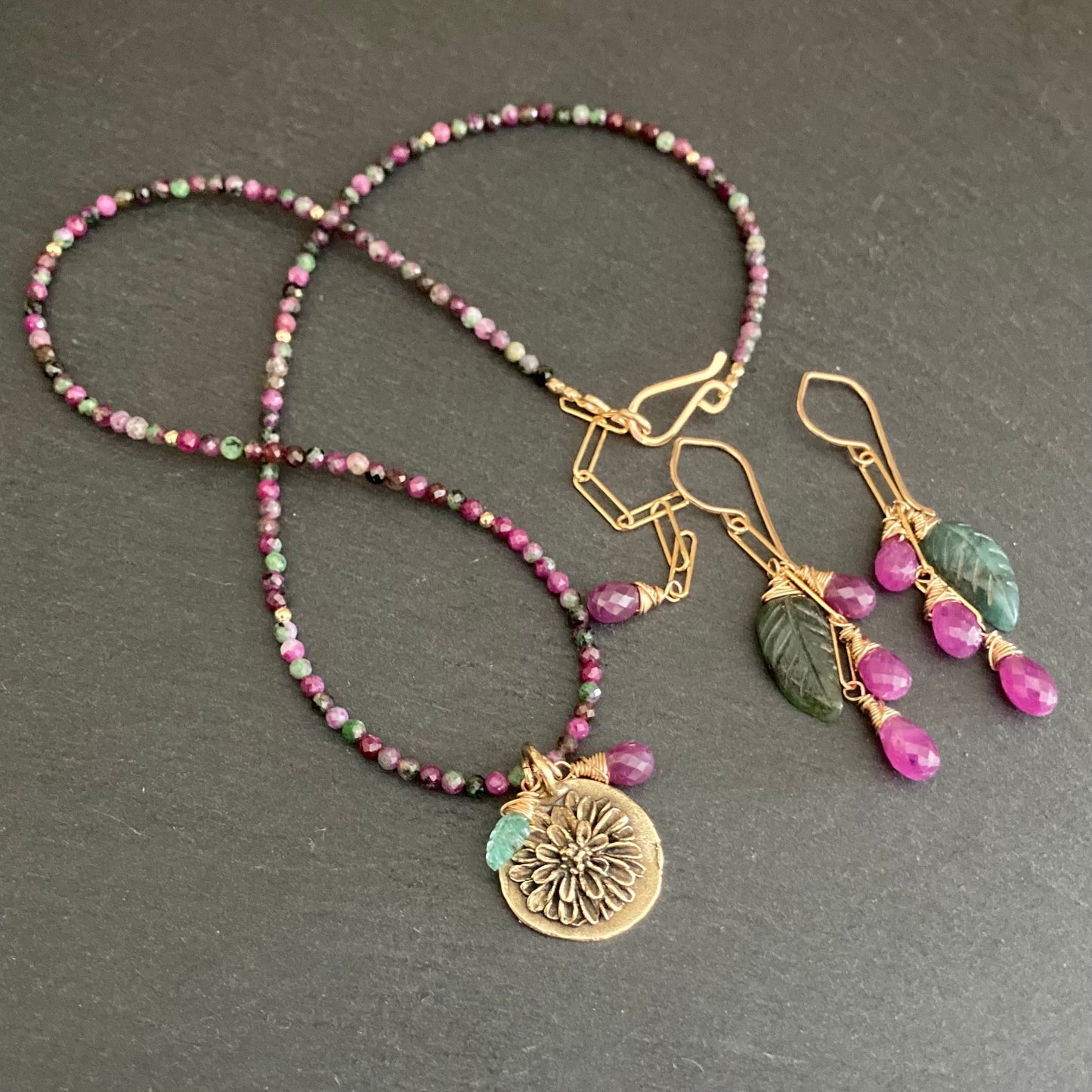 Ruby Zoisite, Gold & Bronze Mum Pendant Choker