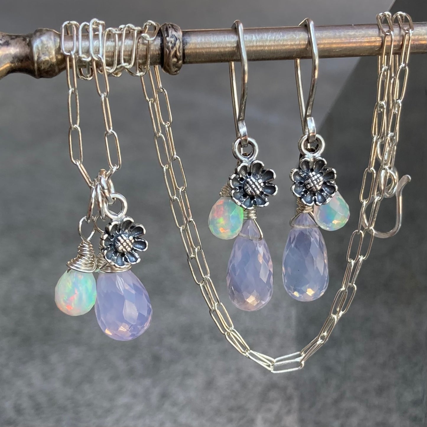 Scorolite, Ethiopian Opal & Sterling Silver Cherry Blossom Earrings