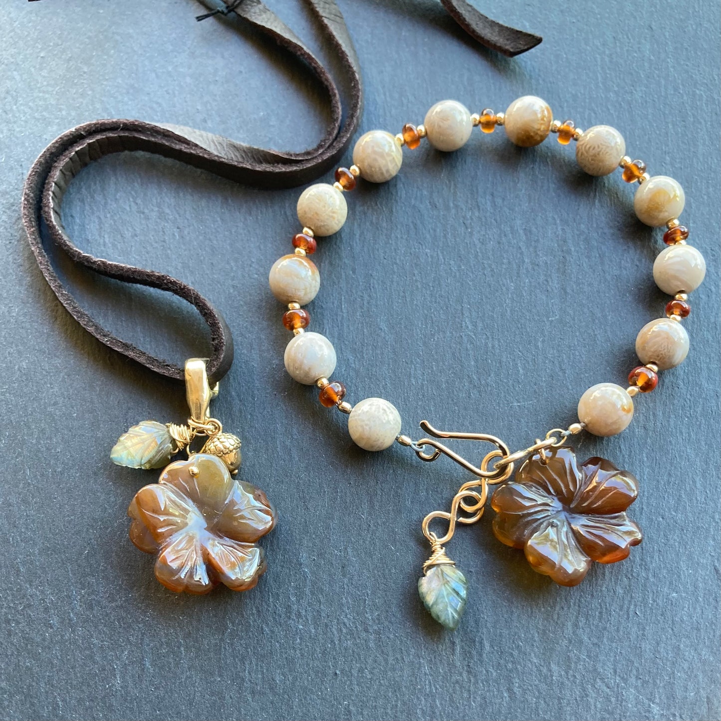 Fossil Coral, Carnelian & Gold Autumn Bloom Bracelet