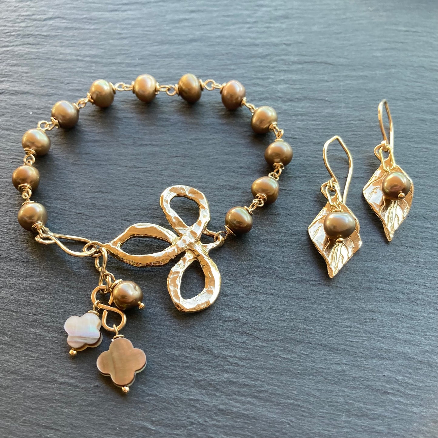 Mocha Freshwater Pearl, Gold & Bronze Leaf Earrings