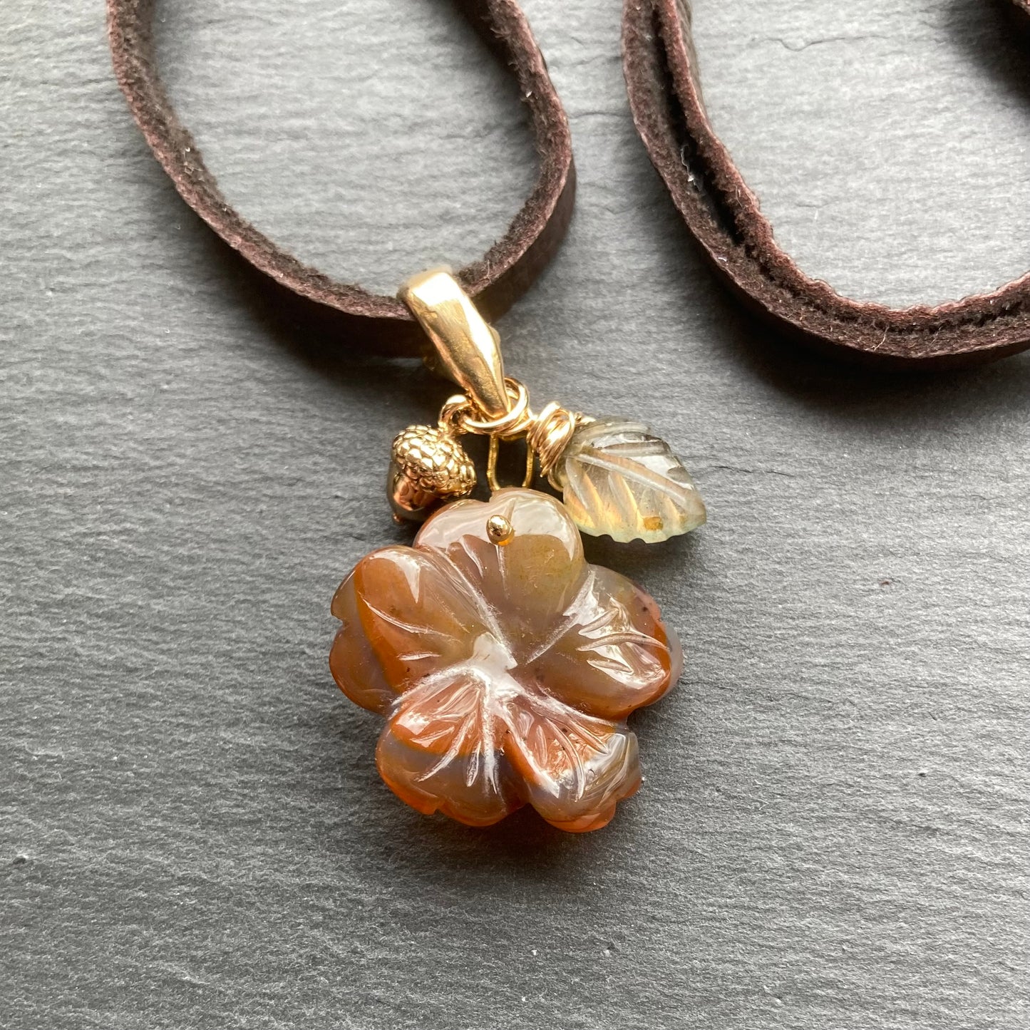 Carnelian & Bronze Autumn Bloom Deertan Leather Charm Choker