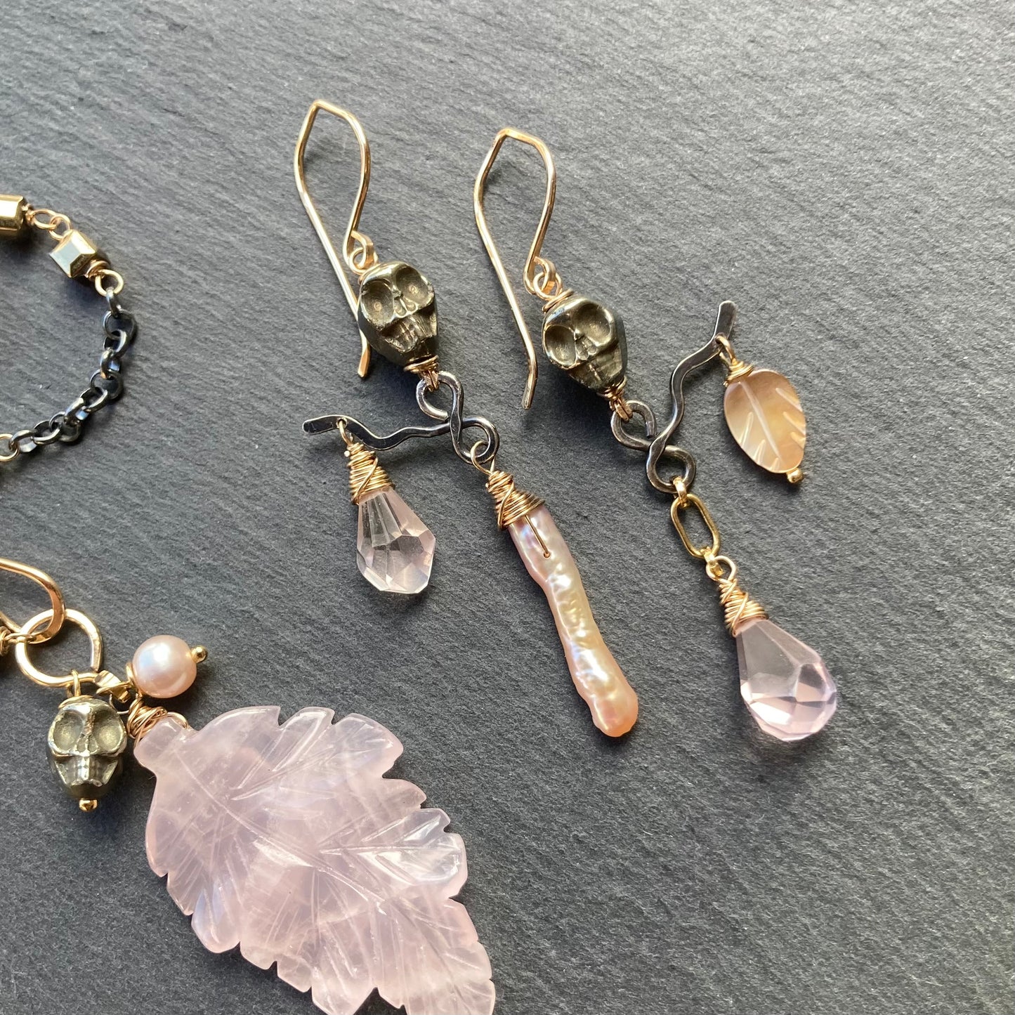 Rose Quartz, Pyrite & Mixed Metal Calavera Talisman Necklace