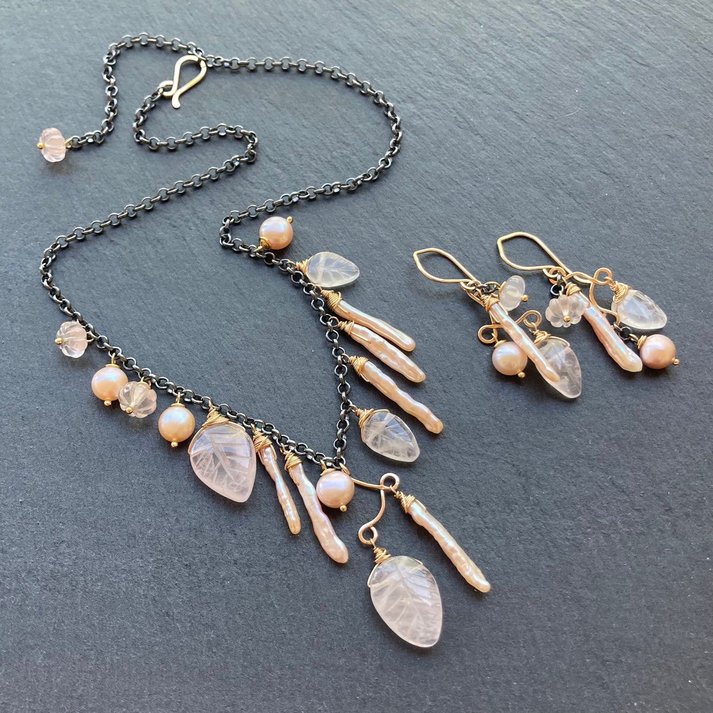 Rose Quartz, Pink Freshwater Pearl & Mixed Metal Asymmetrical Charm Choker