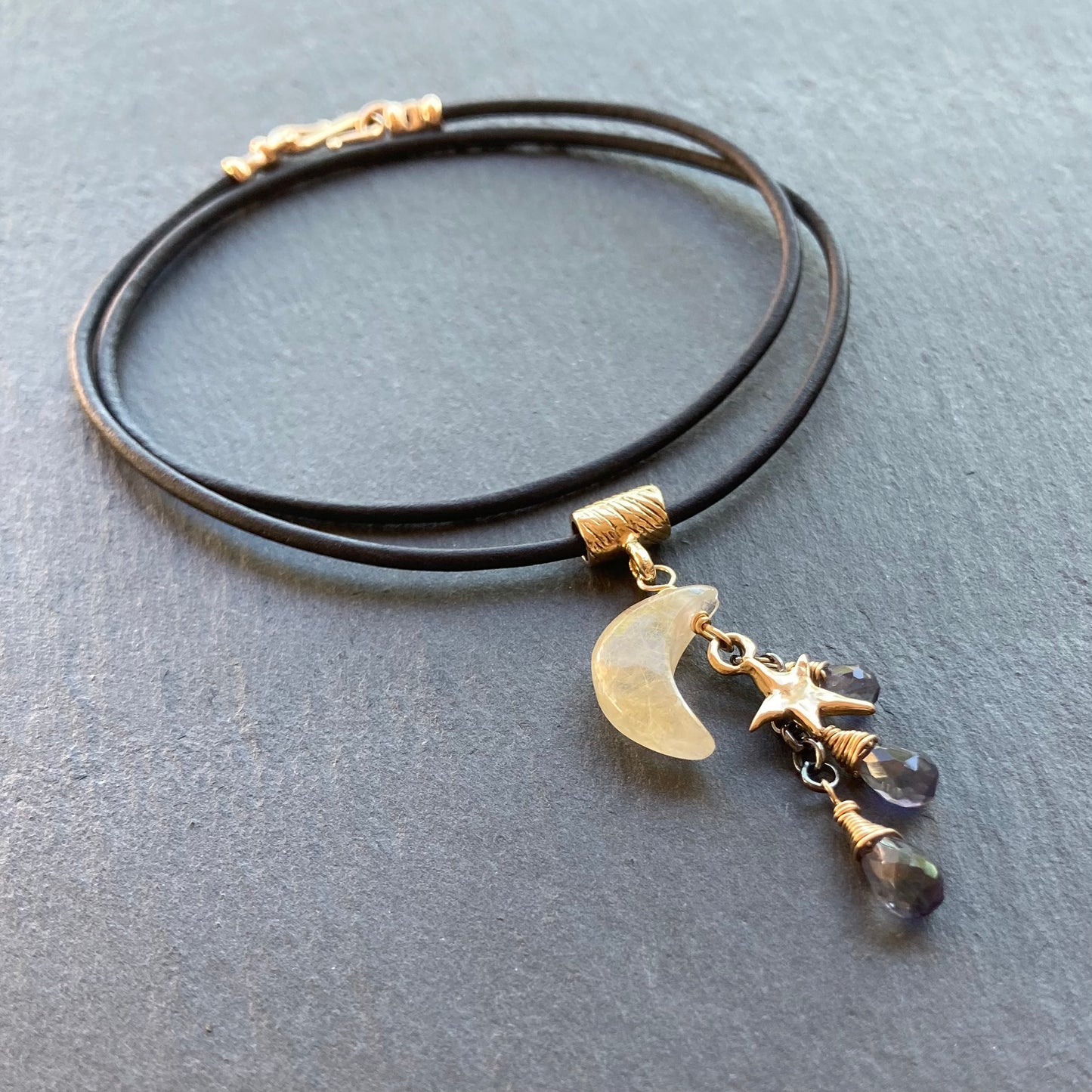 Golden Rutilated Quartz, Iolite & Mixed Metal Autumn Moon Leather Charm Choker