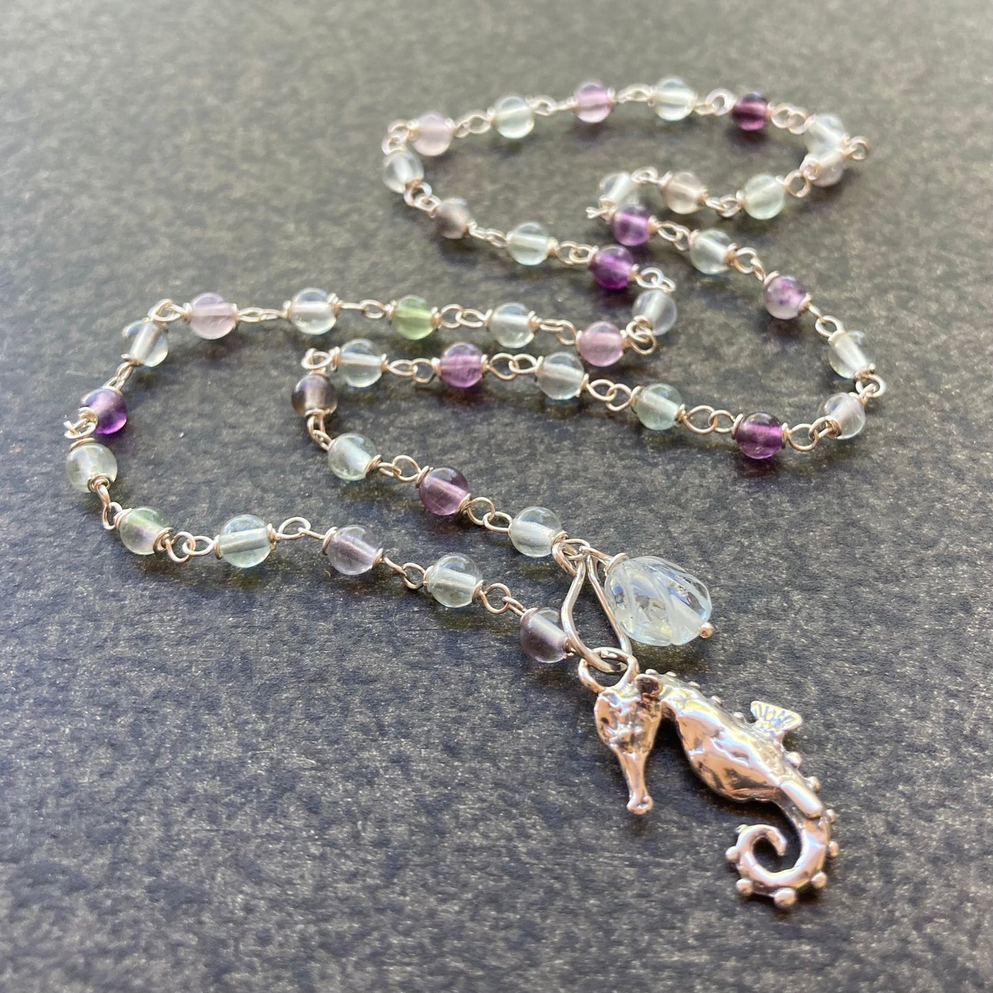 Multicolor Fluorite & Sterling Silver Seahorse Choker